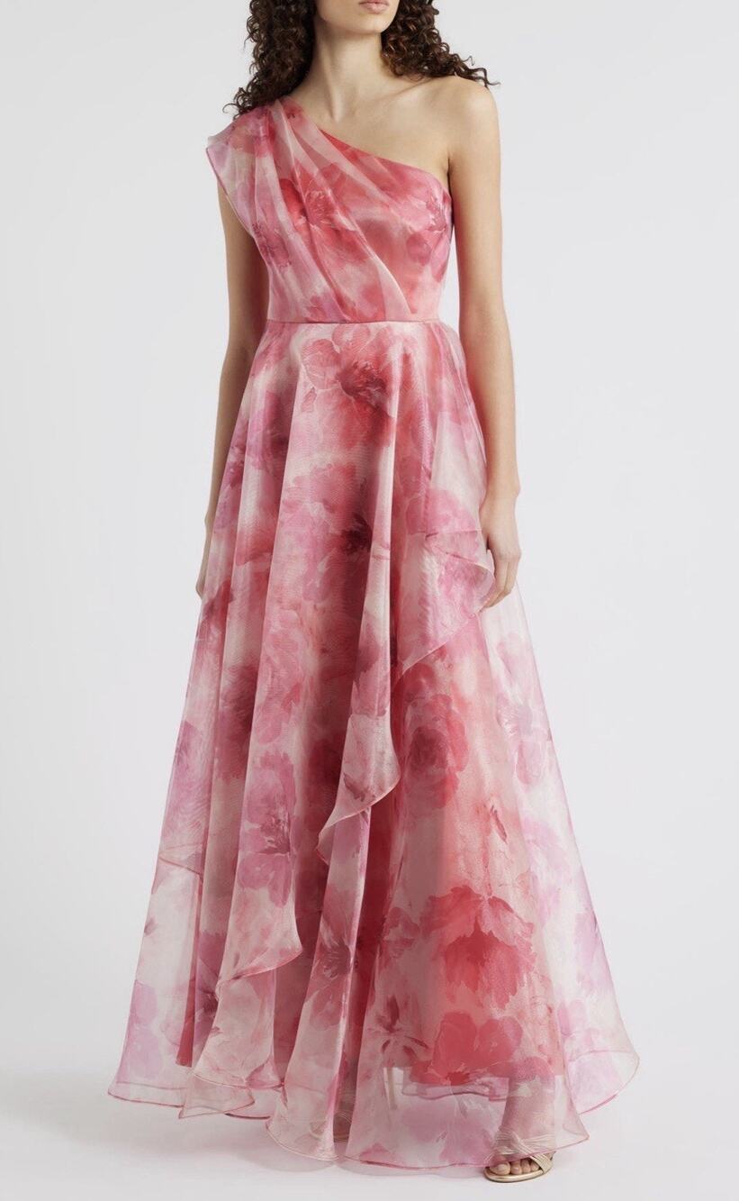 Eliza J One Shoulder Floral Pink Chiffon Gown Size 12 ( AS8)